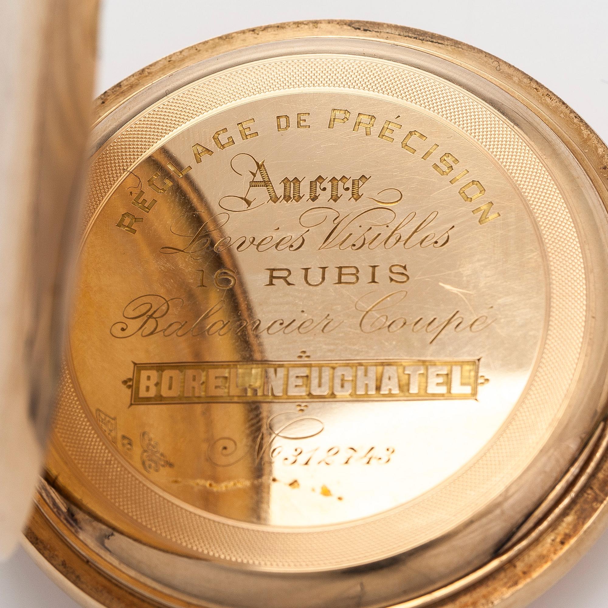 Pocket watch, Borel Neuchatel, 53 mm, 14K gold, lever escapement, plastic crystal.