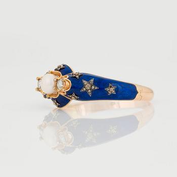 A BANGLE set with a pearl, rose- and old-cut diamonds and blue enamel ground.