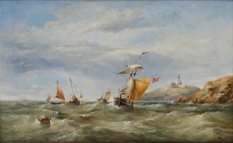 James Edwin Meadows, Sailing boats in rough weather by the coast with a lighthouse.