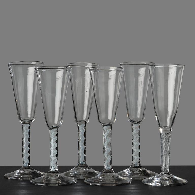 A matched set of six champagne flutes, England, 18th Century.