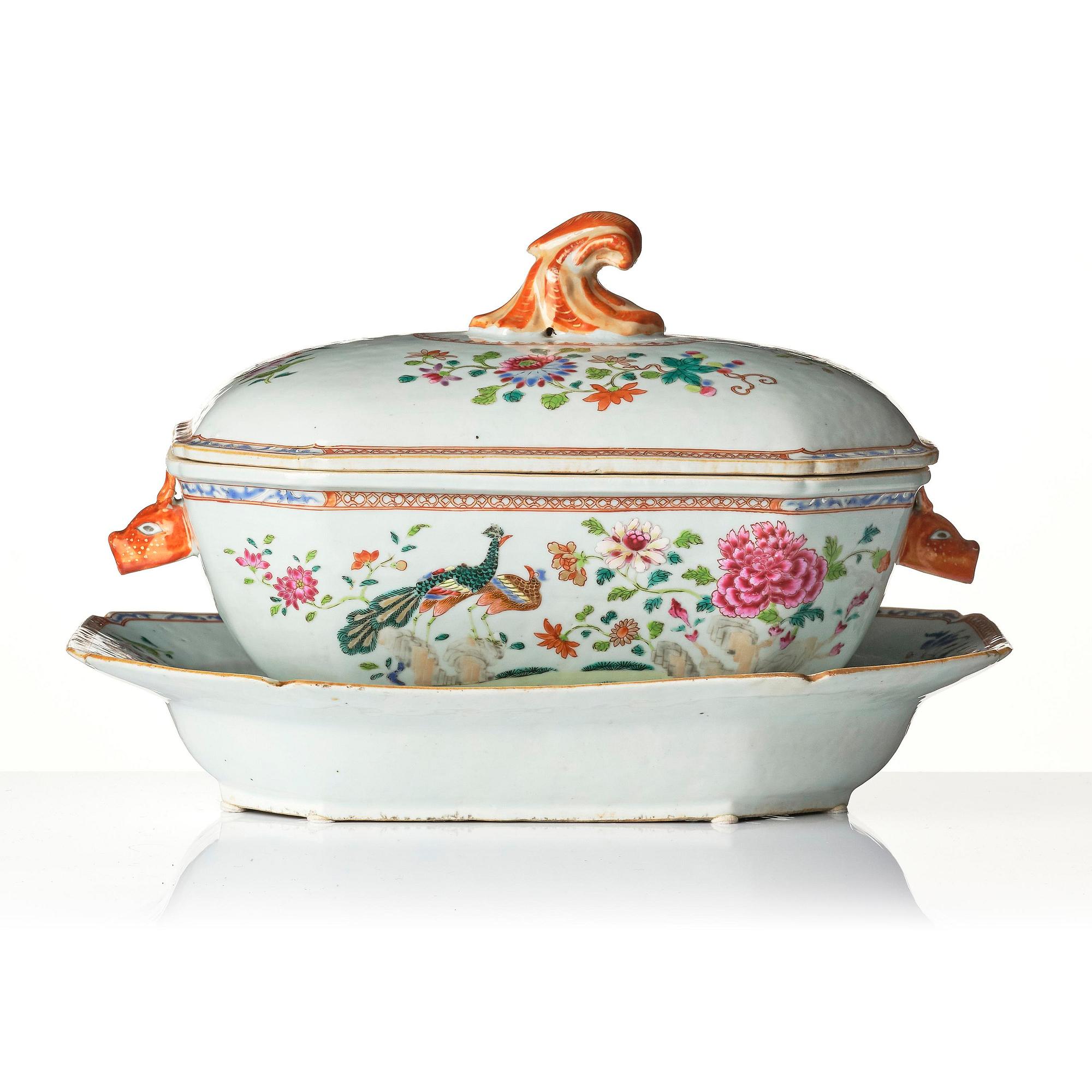 A famille rose 'double peacock' tureen with cover and stand, Qing dynasty, Qianlong (1736-95).