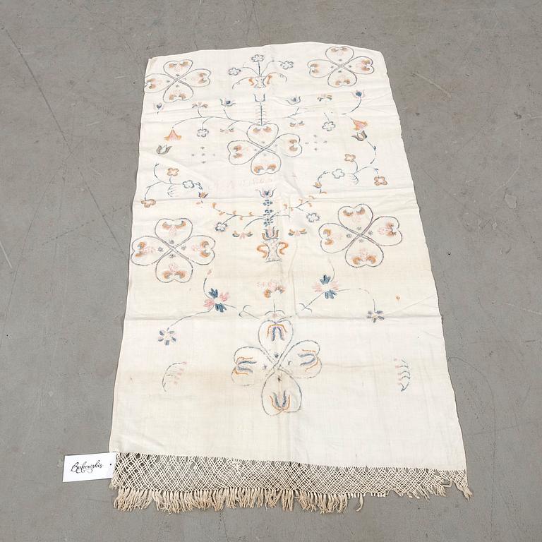 Embroidered textile dated 1805, linen, approximately 135x74 cm.