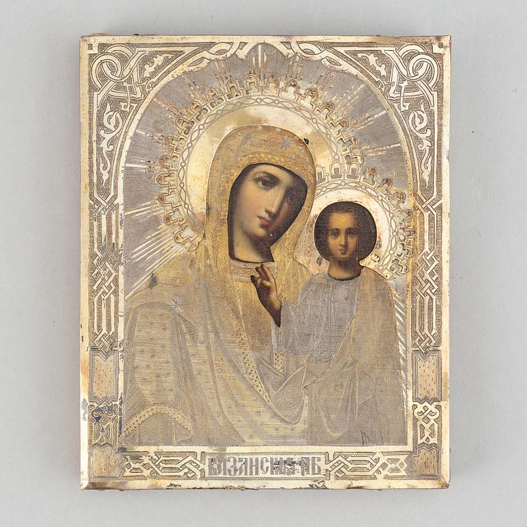 A Russian icon, with parcel-gilt oklad, Moscow, 1877.