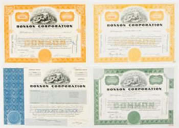 Ronson stock certificates, 4 pieces, second half of the 20th century, USA.