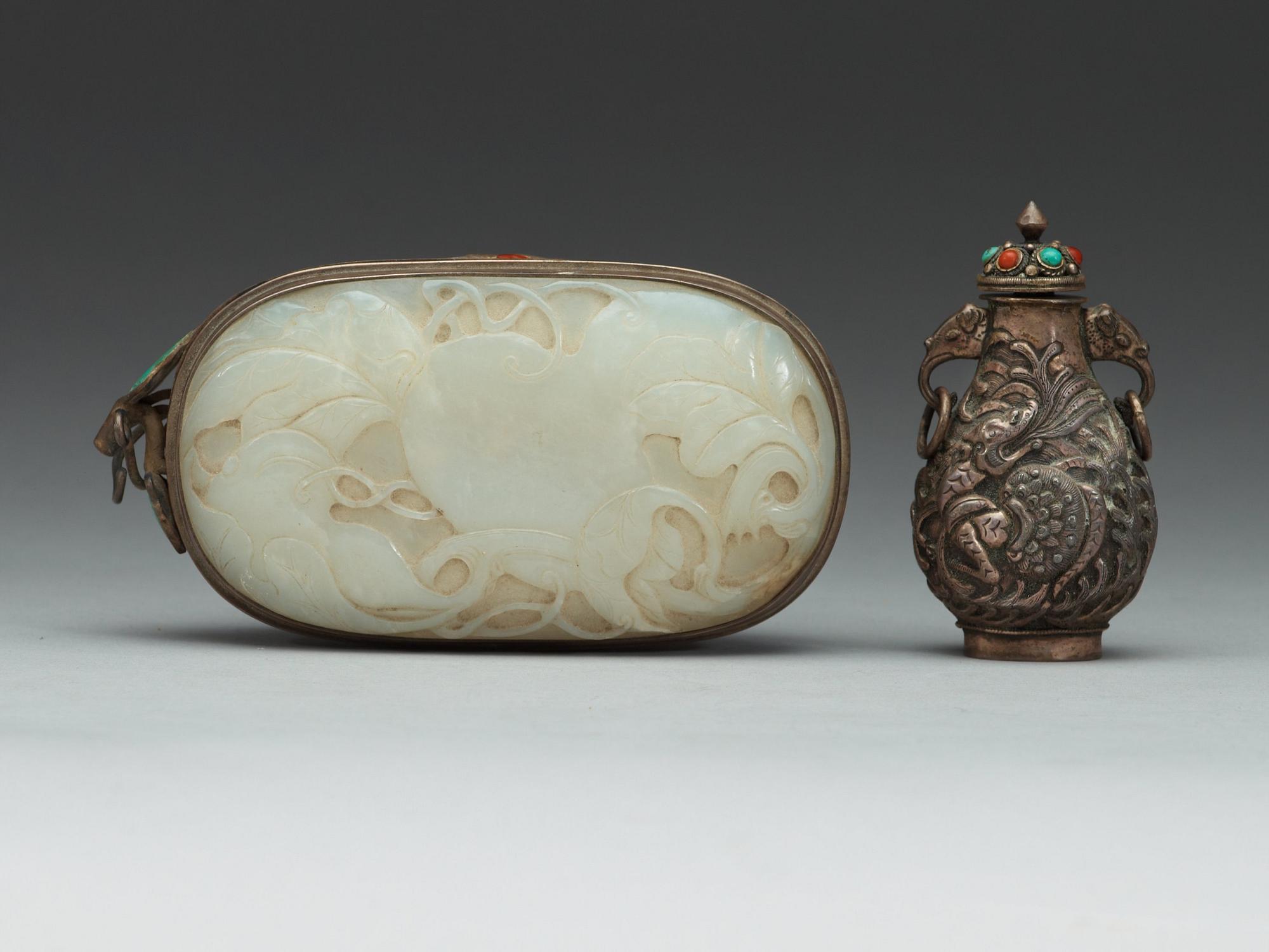 A Mongolian snuff bottle with cover and a case with cover of stones and nephrite, presumably late Qing dynasty.