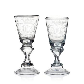 448. Two engraved glasses, 18th century.