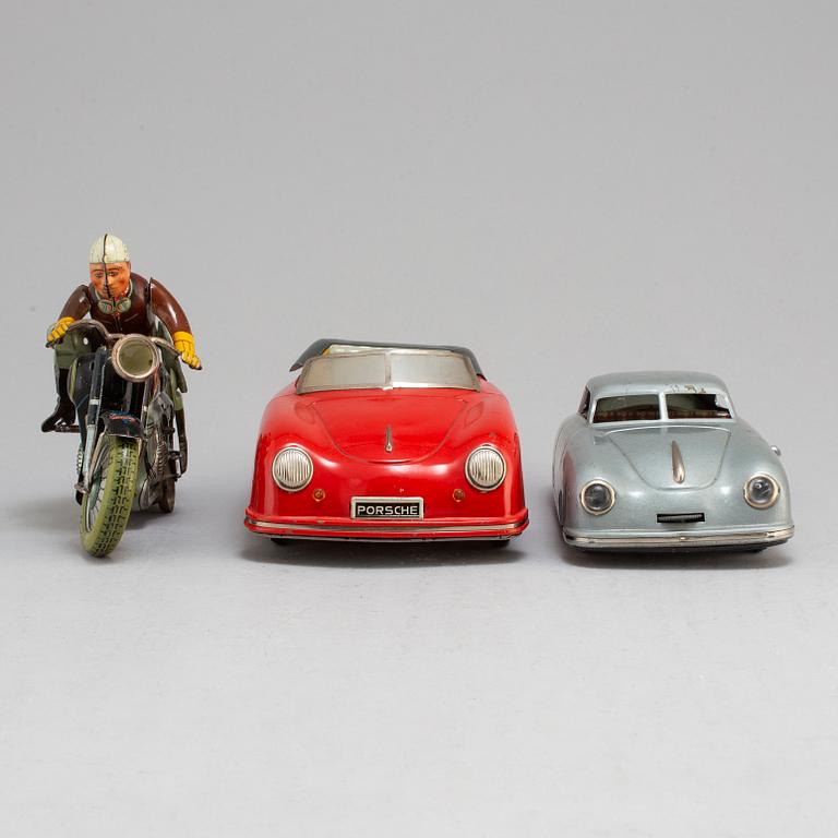 2 TOY CARS and 1 MC. Distler Porsche, JNF Prototype Porche, Arnold MC, mid 20th century.