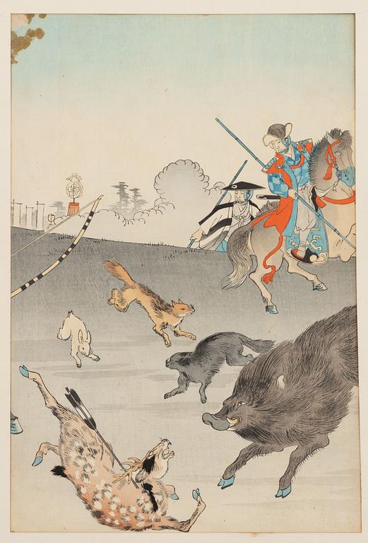 Toyohara Chikanobu, "The Front of Chiyoda Palace - Chiyoda no On-omote - Hunting at Kokinbara".