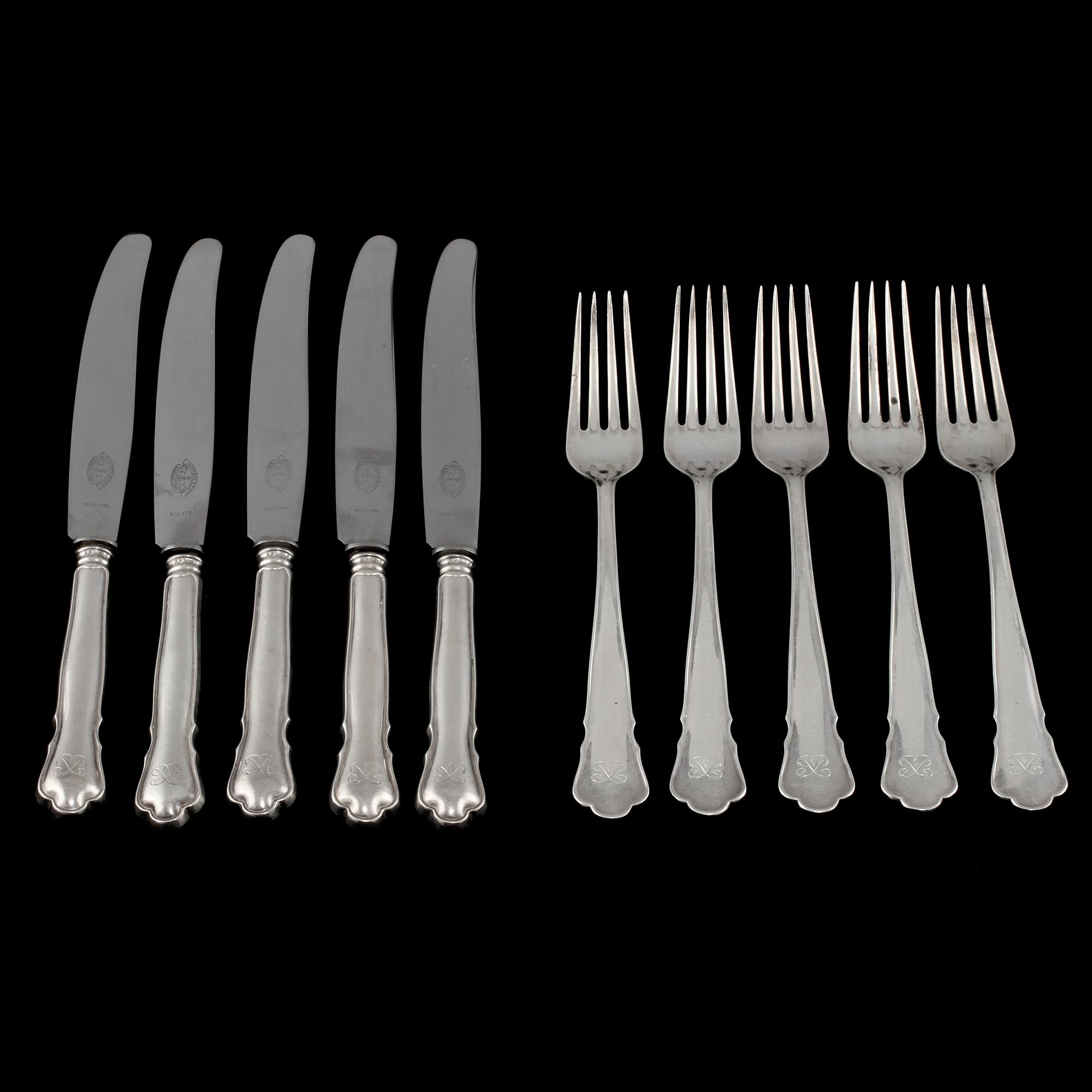 BESTICK, 18 delar, silver, "Chippendale" GAB, Stockholm 1934 - 1938. Vikt 738 g inkl stålblad.