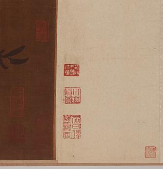 RULLMÅLNING med KALLIGRAFI, i Lin Chuns art (aktiv ca 1174-1189), Qing dynastin, 1700-tal.
