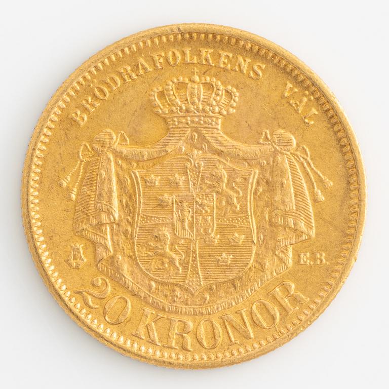 Oscar II, gold coin, 20 kronor, 1876.