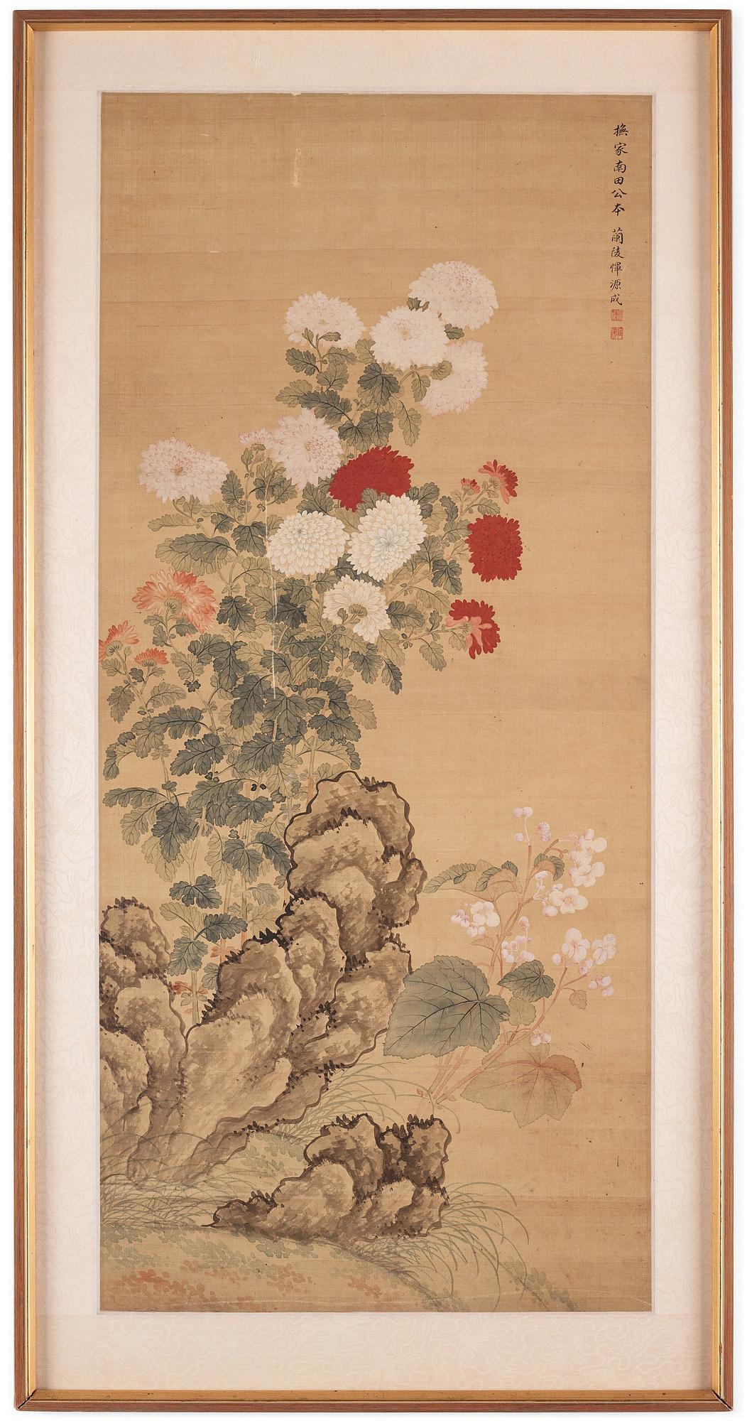 Rullmålning, akvarell och tusch på siden, lagd på pannå. Signerad Yun Yuancheng, möjligen 1700-tal.