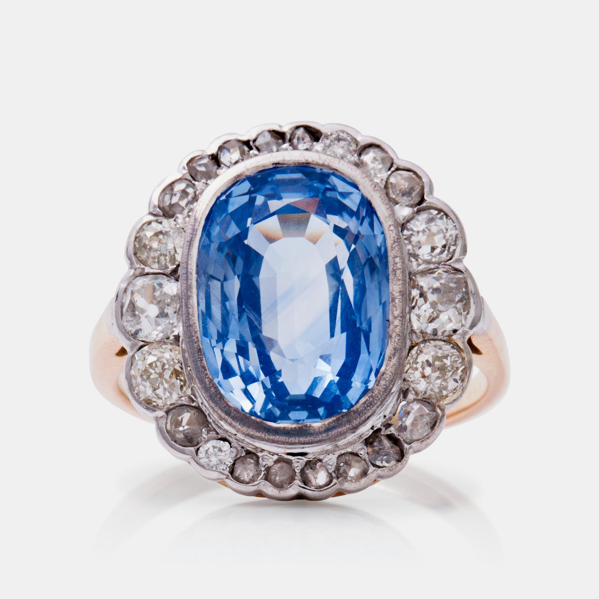 A circa 6.50 ct ceylon sapphire and old- and rose-cut diamond ring.