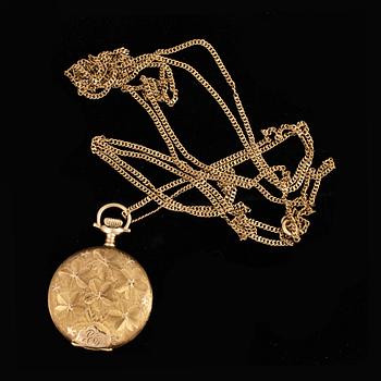 SAVONETTUR OCH KEDJA, dam, 14k resp 18k guld. Waltham Watch Co, USA, modell 1898, Ruby. Vikt 20,6 resp 10,9g.