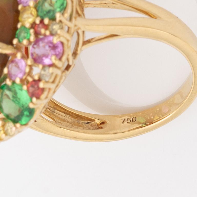 Opal, pink, yellow and orange sapphire, tsavorite and brilliant cut diamond cocktail ring.