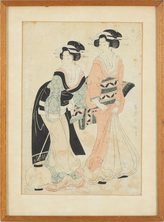 Kikugawa Eizan, two woodblock prints in colours, 19th Century.