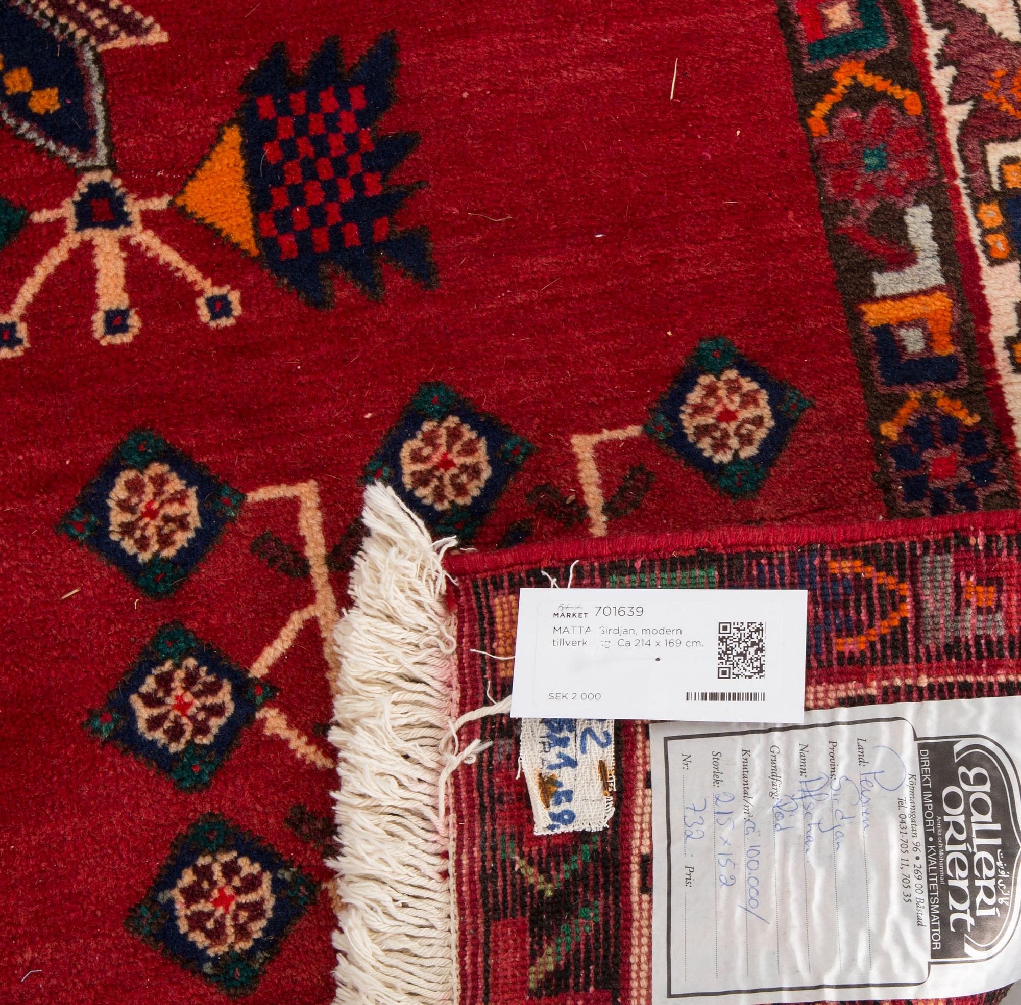 MATTA, Sirdjan/Afshar, modern tillverkning. Ca 214 x 169 cm.
