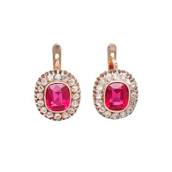 202. EARRINGS, 56 gold, rose cut diamonds, synthetic rubies. Moscow 1907-17. Original case.