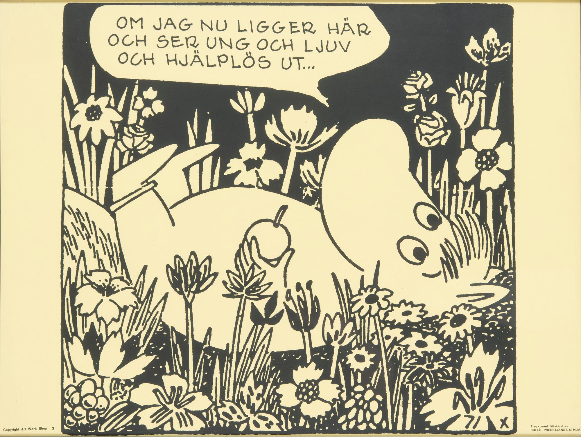Tove Jansson, poster, Moomin, Bull's Presstjänst, Art Work Shop, 1960s.