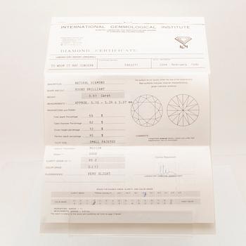 Lös rund briljantslipad diamant 0,51 ct medföljande IGI certifikat 1980.