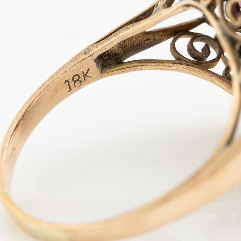 Ring, 18K gold with red, blue, and green synthetic stones.