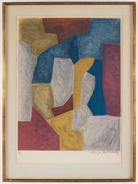 Serge Poliakoff, "Composition carmin, jaune, grise et bleu".