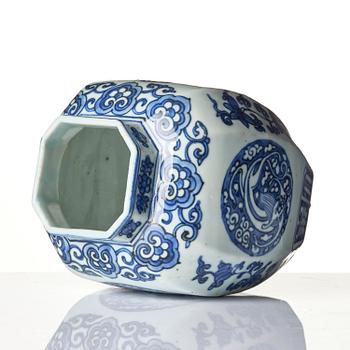 A blue and white faceted 'qilin dragon' jar, Ming dynasty (1368-1644).