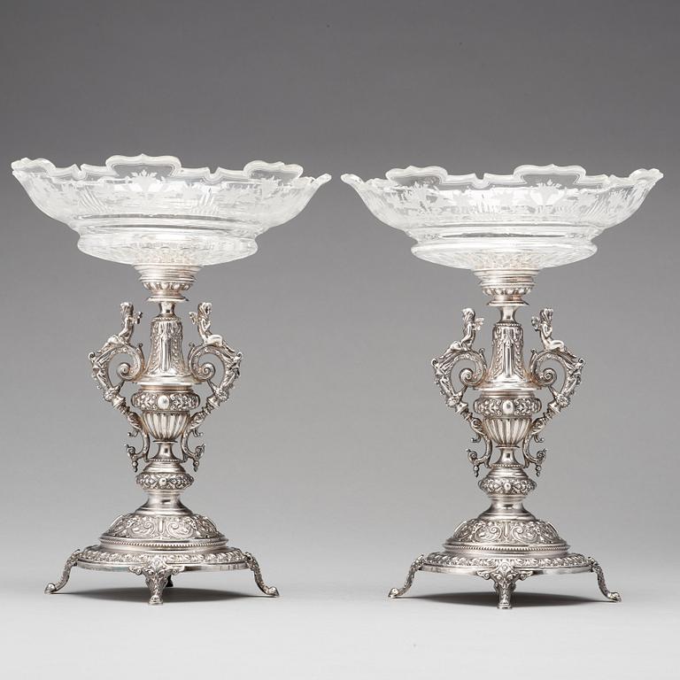 A pair of Swedish 19th century silver and glass tazza, mark of Gustaf Möllenborg, Stockholm 1882.