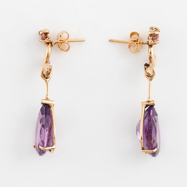 Pear shaped amethyst, pink tourmaline and brilliant cut diamond earrings.
