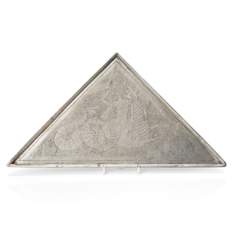 Anna Petrus, a Swedish Grace triangular engraved pewter plated copper tray, executed in her own workshop, Sweden ca 1924.