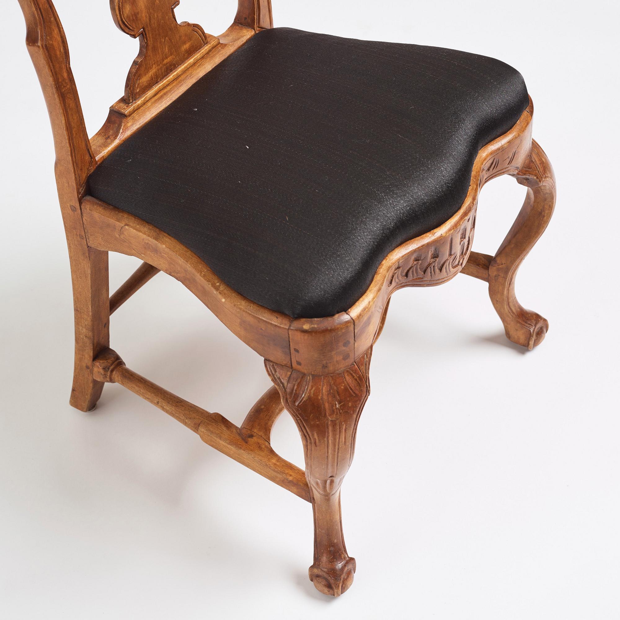 A set of four matched Swedish Rococo chairs, second part of the 18th century.