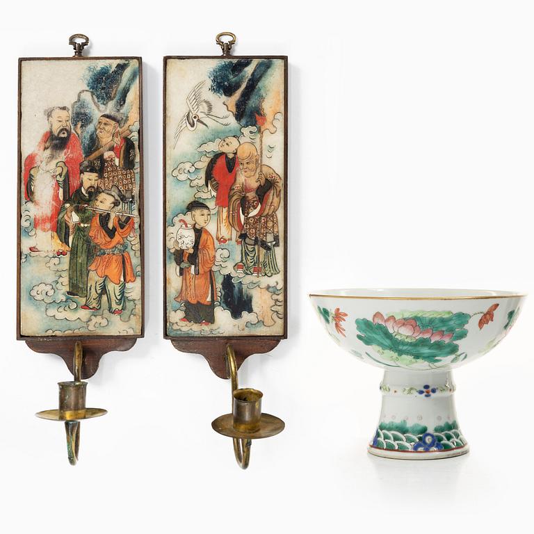 A pair of paintings on stone made in to wall scones and a stemcup, Qing dynasty, 19th century.