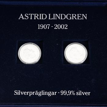 Commemorative coins/jubilee coins, 18 pcs, sterling silver, Astrid Lindgren & The Tales of the North, Myntverket Moneta.