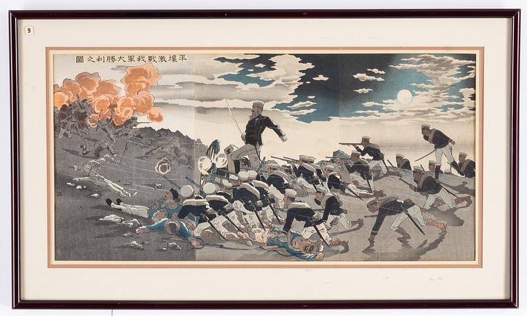 Kobayashi Kiyochika, samt oidentifierad konstnär, triptyker, 2 st, färgträsnitt. Japan, sent 1800/tidigt 1900-tal.