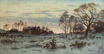 585. Per Ekström, Vinterlandskap, skymning (Stockholms utkanter) [Winterlandscape, sunset, on the outskirts of Stockholm].