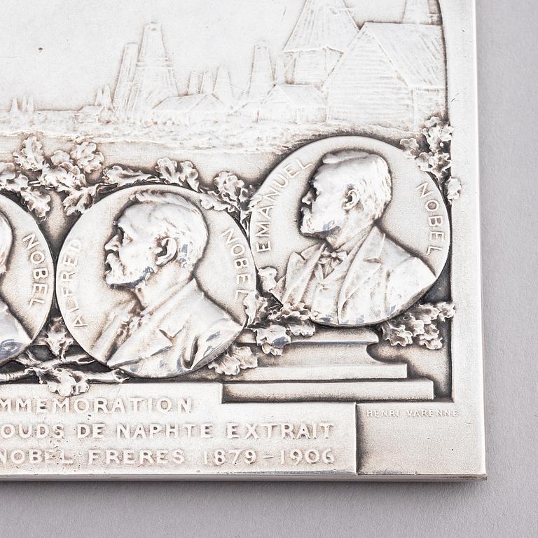 A Nobel commemorative silver plaque, marked Henri Varenne, Paris 1907.