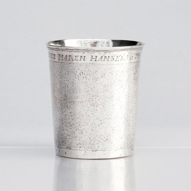 A probably German 17th century silver beaker, unclear makers mark.