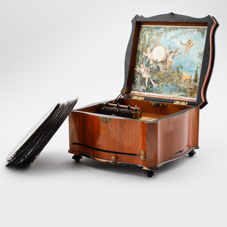 SPELDOSA MED SKIVOR (13 st), Polyphon, Tyskland, omkring år 1900.