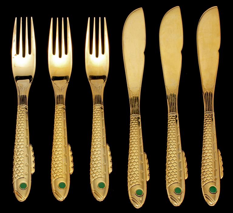 BESTICK, 34 st, förgyllt rostfritt stål, "Nobel", Gunnar Cyrén, Gense, efter 1992.