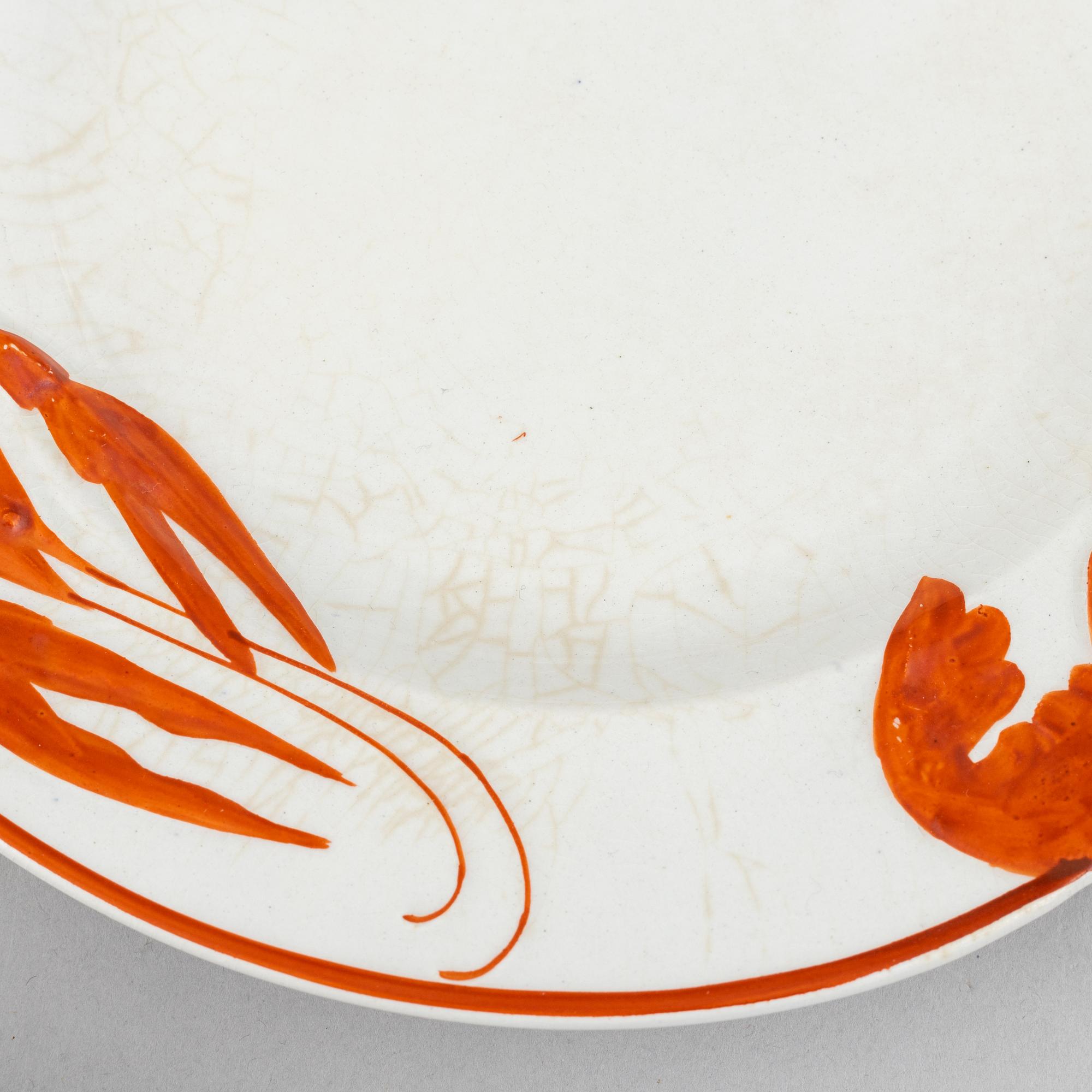 Alf Wallander, kräftassietter, 6 st, flintgods, Rörstrand, tidigt 1900-tal.