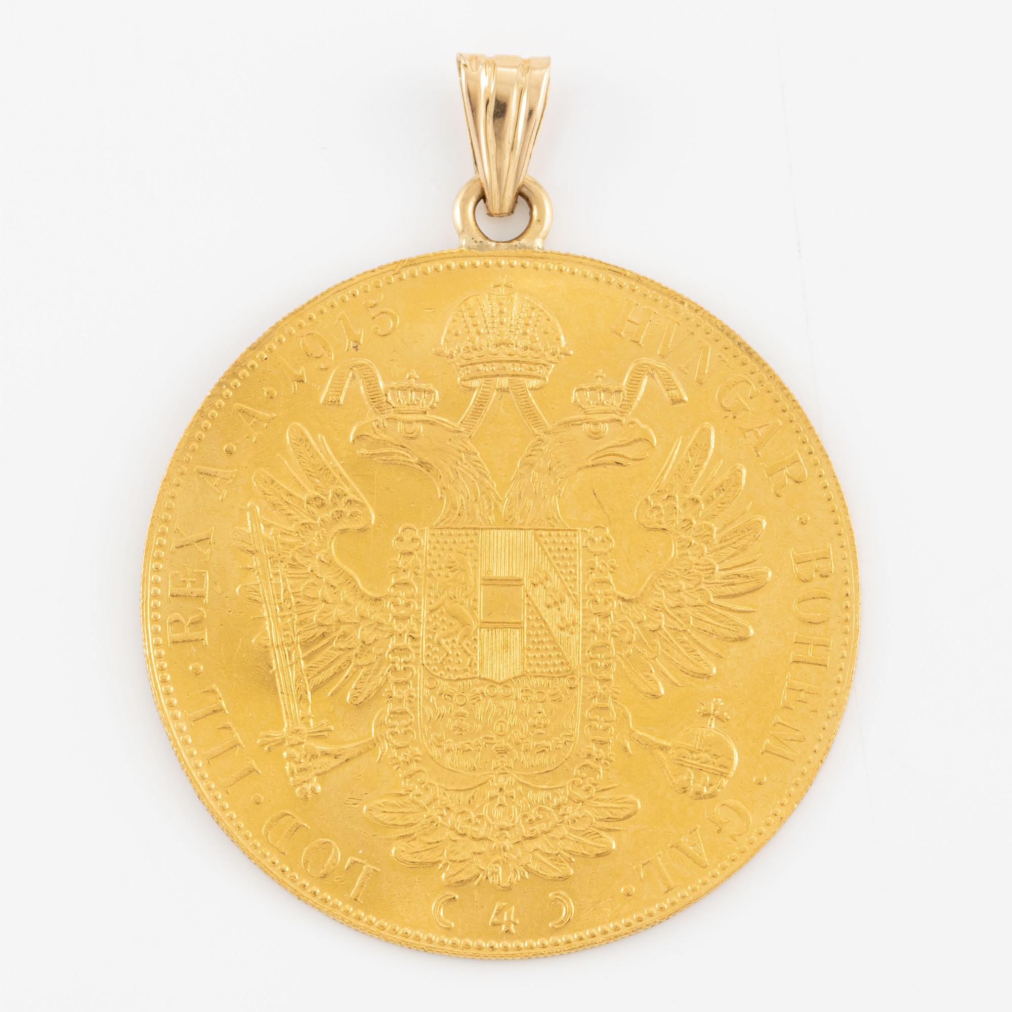 Gold coin mounted as a pendant. Austria-Hungary, 4 ducat 1915.