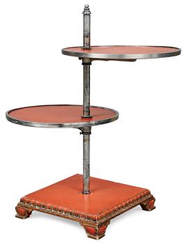 An Axel-Einar Hjorth  red lacquered table "Åbo" on a silverplated brass leg, Nordiska Kompaniet 1929-30.
