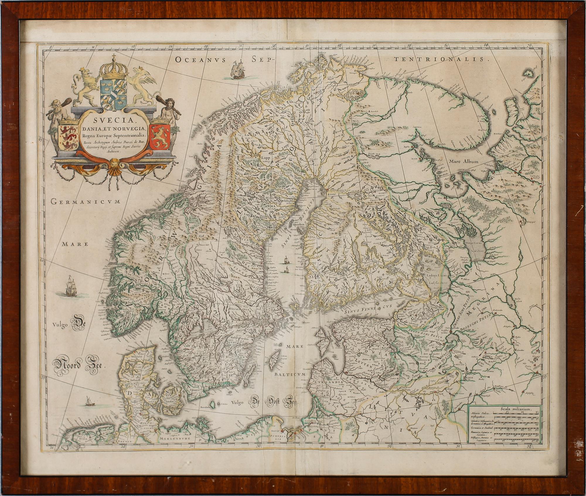 KARTA, handkolorerad, Andreae Buraei de Boo, efter, "Svecia, Dania et Norvegia, (1571-1646), 1700-tal.