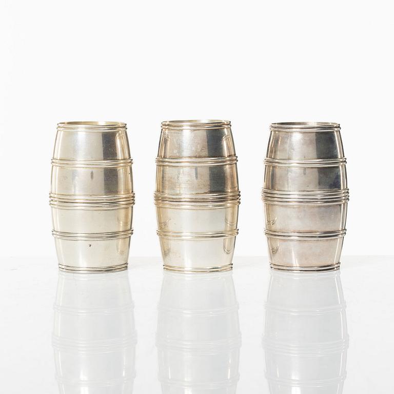 Six silver vodka cups, in the form of three detachable barrels, including mark of CF Carlman, Stockholm 1924.