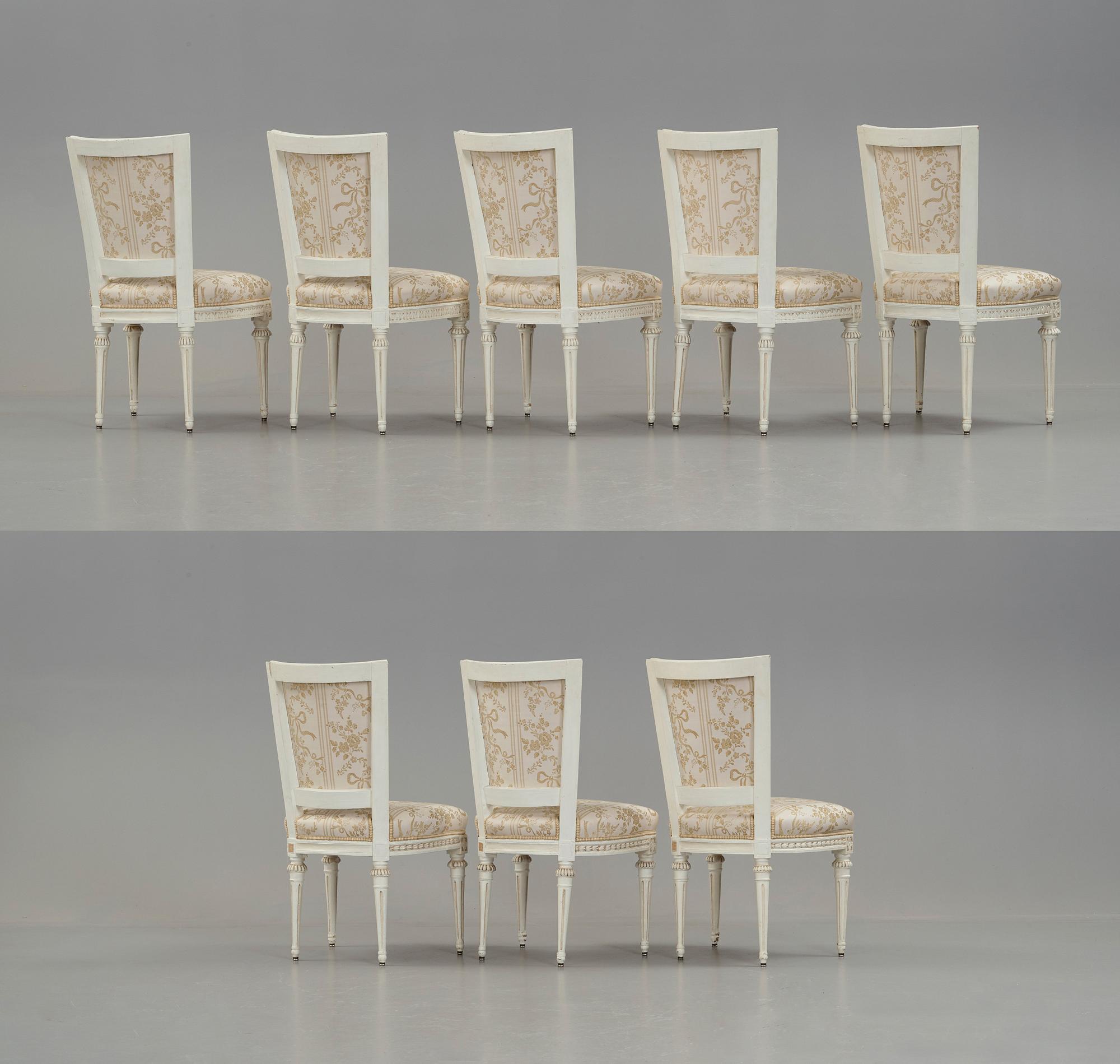 Eight (5+3) matched Gustavian late 18th century chairs.