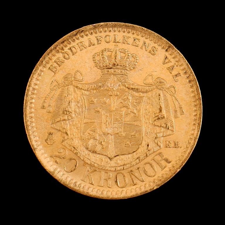 GULDMYNT, 20 kronor, Oscar II, 1881. Vikt ca 9 g.