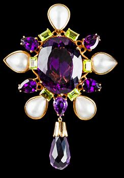 953. A large amethyst, peridote and mabe pearl pendant.