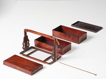 A huanghuali rectangular two-tiered picnic box and cover, Qing dynasty, 19th century.