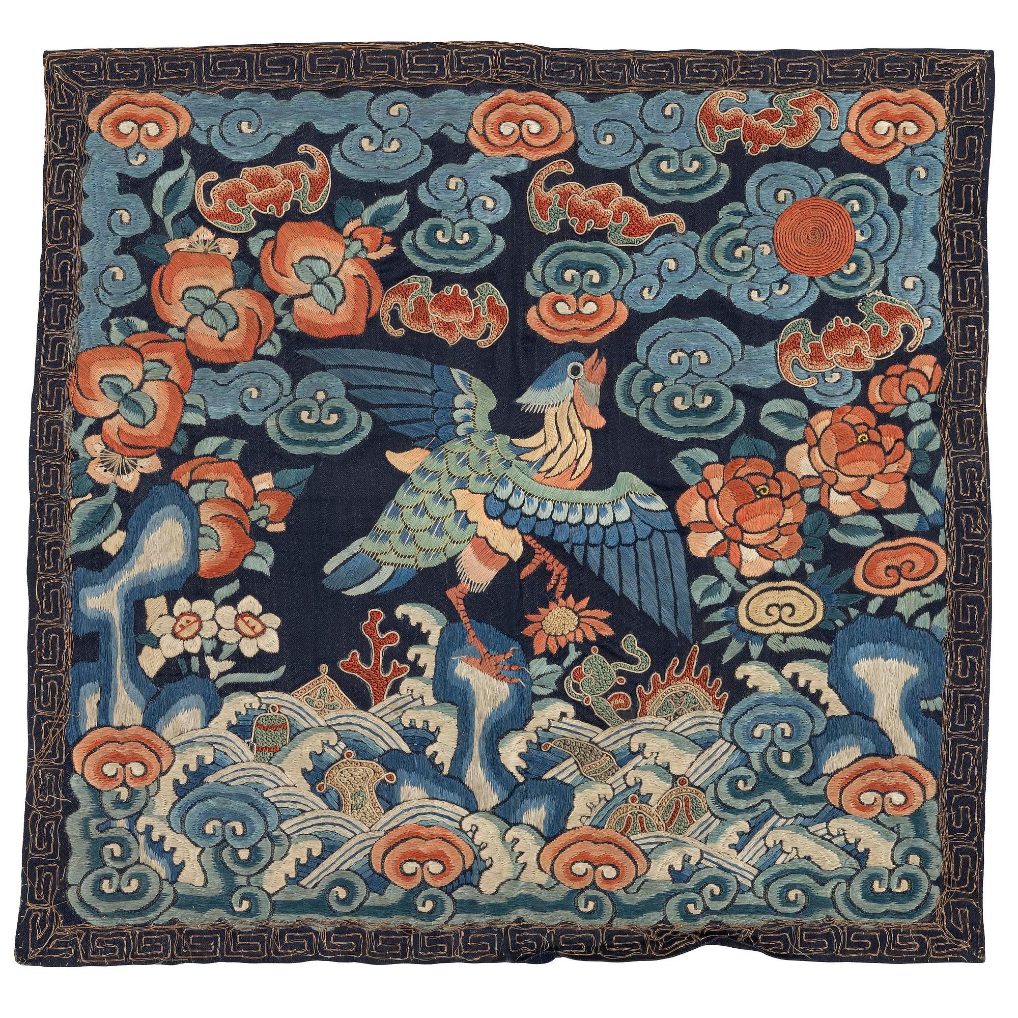 An embroidered rank badge with a bird, Qing dynasty, 19th century.