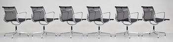A set of six Charles and Ray Eames 'Aluminium Group chairs EA 108' by Vitra.